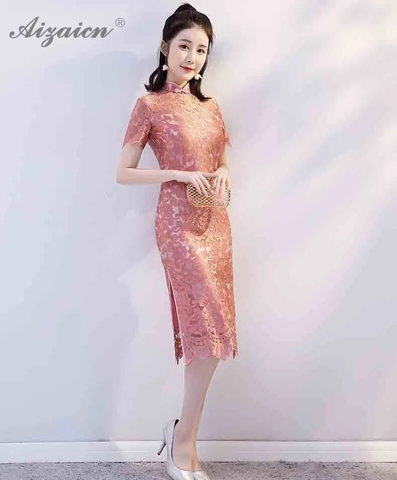 Красный кружево Длинные Cheongsam современный Chinoise Платья для вечеринок Qi Pao для женщин Китайский вечернее платье Мода Тонкий Qipao Женская Роба в