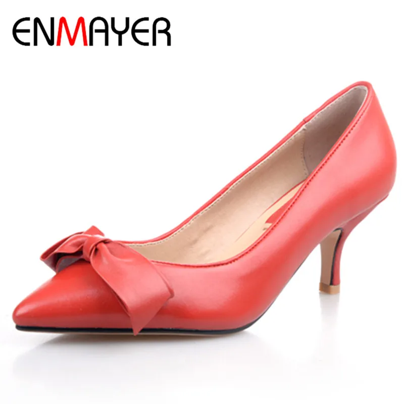 

ENMAYER Spring Autumn Women Fashion Pumps Shoes Bow Tie Pointed Toe Slip-On Thin Heels Large Size 34-42 Black Red Beige