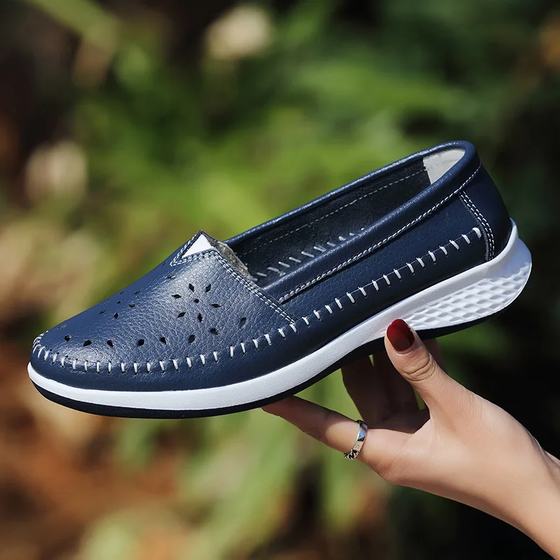 blanc Slip argent Mocassin Chaussures Casual Cuir Plat Appartements bleu Mocassins Trou Femme 2018 Main Dames Sur D'été Noir Femmes En WPzxAH8U