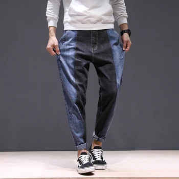 

2019 New Style Vintage Design Color Spliced Loose Fit Big Pocket Cargo Pants Jeans Plue Size 28-42