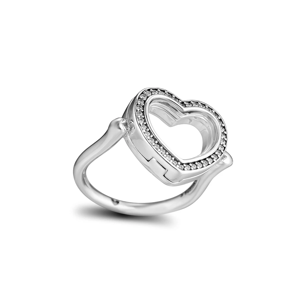

Sparkling Floating Heart Locket Ring DIY fine Jewelry 100% 925 Sterling Silver with Clear CZ Rings for Women Lady Gift PFR184
