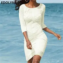 Открытое Белое Облегающее эластичное повседневное мини-платье с геометрическим рисунком элегантное белое платье-футляр с рукавом три четверти и круглым вырезом N465