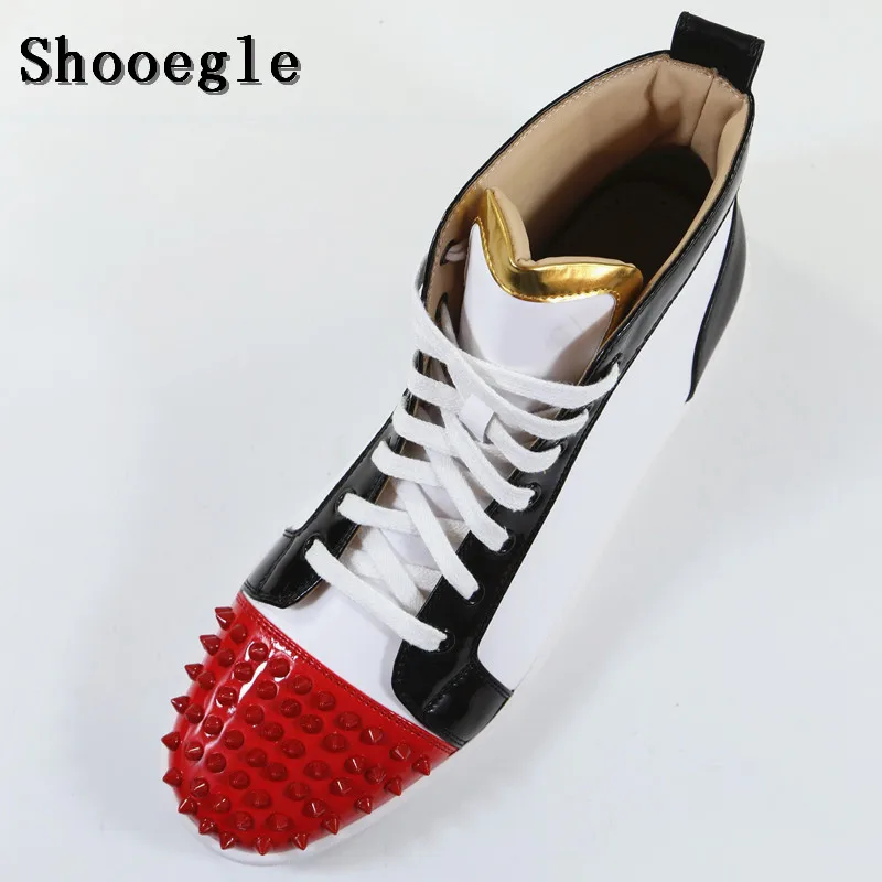 SHOOEGLE/белые лоскутные мужские туфли с заклепками Модные кроссовки шипами