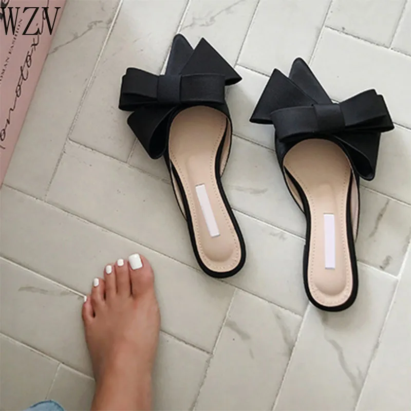 

Size34-41 Women's Shoes Korean Silk Satin Pointed Toe Bow Tie Slippers Baotou Flats Heel Sets Semi Slippers 2019 Spring Summer