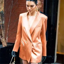 2019 Street Spring Women Bright Suit European and American Long Small Suits Notched Double Breasted Women Jackets and Coats