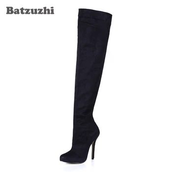 

Batzuzhi-Super Fashion Women Shoes Black Suede High Heel Long Boots Women Pointed Toe 12cm Heels Zip Winter Warm Boots Ladies