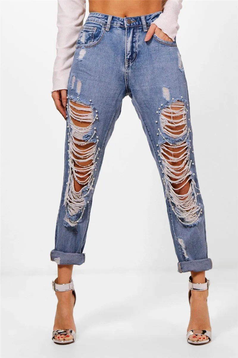 Уличная одежда, свободные Джинсы бойфренда с большими дырами, женские джинсовые брюки с бисером, винтажные джинсы с высокой талией, рваные джинсы для женщин в стиле бойфренд