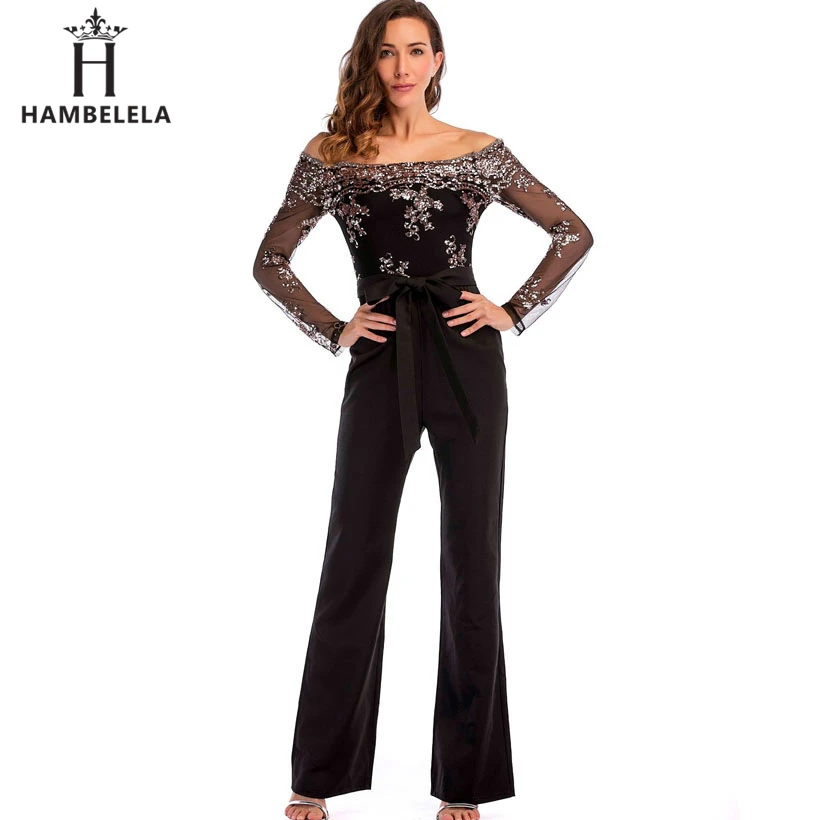 HAMBELELA Plus Size Rompers Womens Jumpsuit 2019 Spring Off Shoulder Black Jumpsuit Pants Long Sleeve One Piece Sequin Jumpsuit (1)