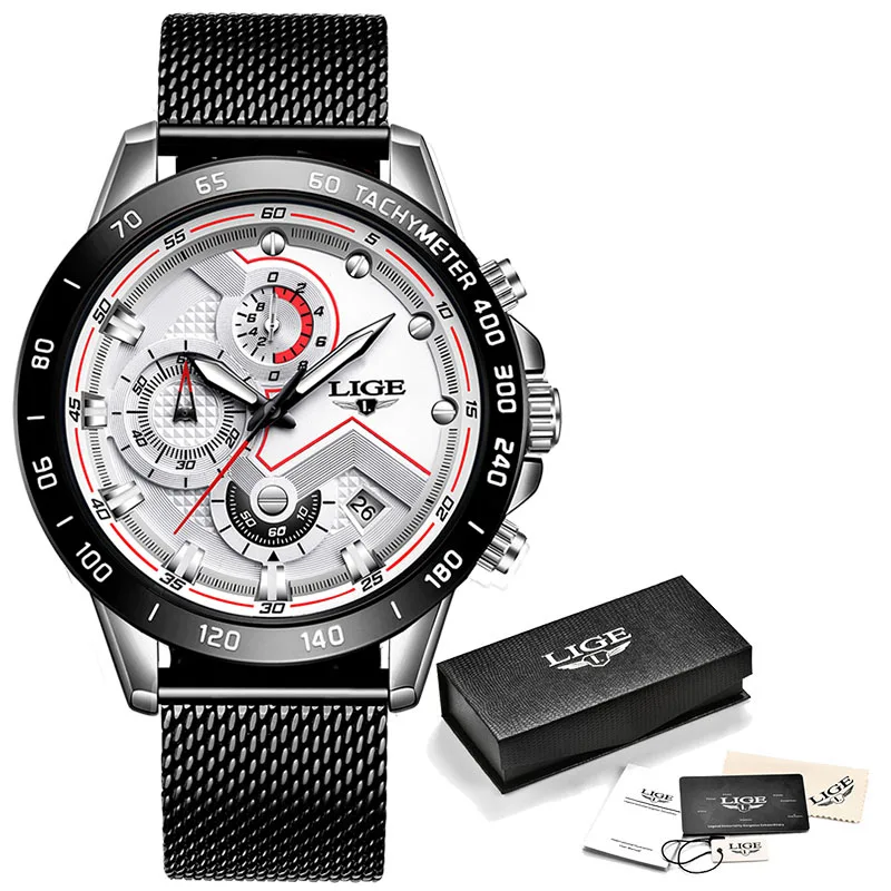 Relojes Hombre, новые часы LIGE, мужские военные водонепроницаемые часы с хронографом, спортивные мужские часы, повседневные сетчатые полностью стальные светящиеся кварцевые часы - Цвет: silver white