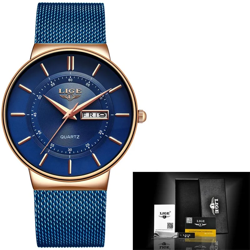 Relogio Masculino, новинка, LIGE, мужские часы, Топ бренд, роскошные, ультра тонкие кварцевые часы, мужские, стальной сетчатый ремешок, водонепроницаемые, золотые часы - Цвет: rose gold blue