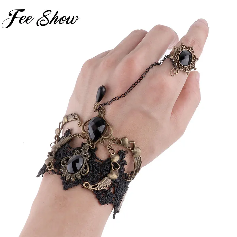 

2019 Punk Women Gothic Vintage Flower Lace Rhinestone Bracelet Steampunk Bracelet Halloween Party Costumes Handwear Accessories