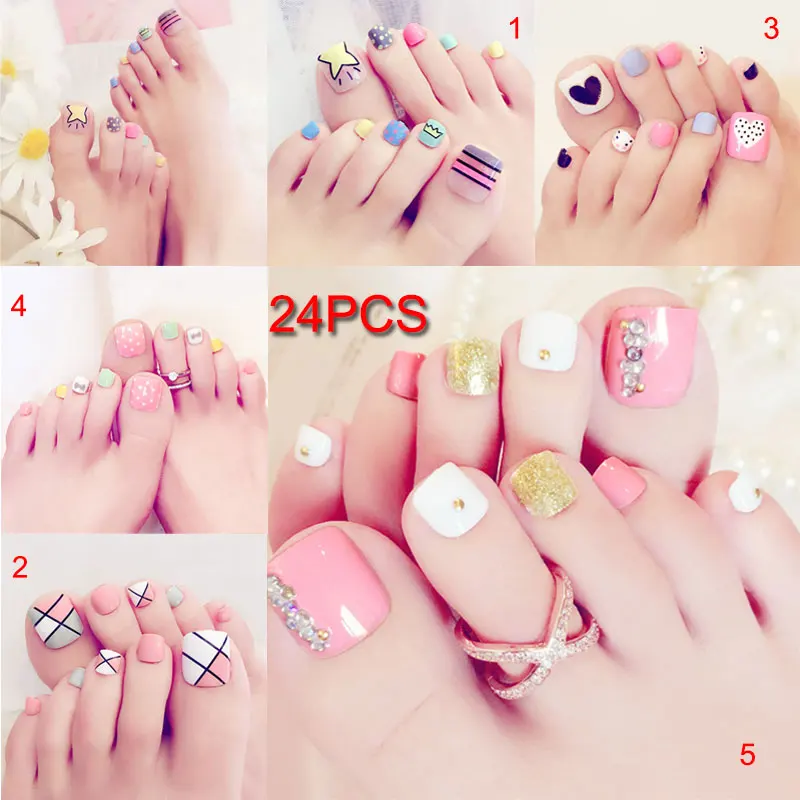 24 Pcs/Set Fresh Summer Style 3D Toe Fake Nails Foot Full Toes Nail Art