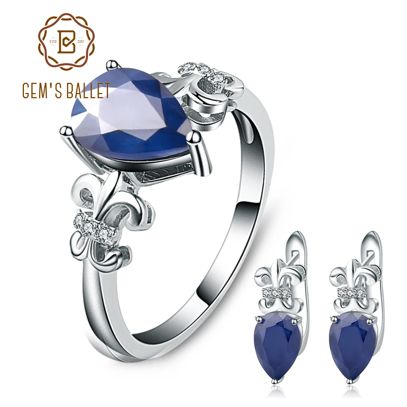 

GEM'S BALLET Natural Blue Sapphire Rings Clip Earrings Genuine 925 Sterling Silver Fine Jewelry Set For Women Gift