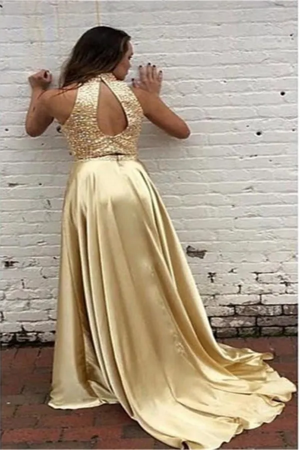 Вечернее платье из двух частей Abendkleid, Золотое атласное платье, длинное ТРАПЕЦИЕВИДНОЕ вечернее платье для женщин, платья с бисером