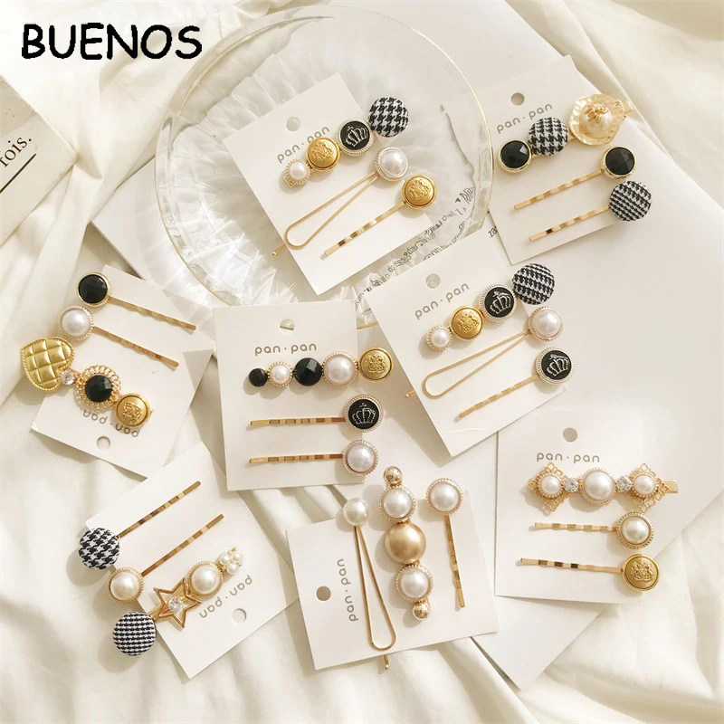 

BUENOS 3pcs 2019 Fashion Hair Accessories Houndstooth Button Pearl Hair Clips Set Vintage Heart Star Crystal Hairpin Barrette