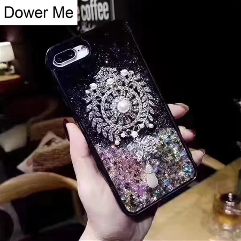 

Dower Me Diamond Brooch Pearl Pendant Liquid Glitter Sand Black Soft Phone Case Cover For iPhone XS Max XR X 8 7 6 6S Plus 5S SE