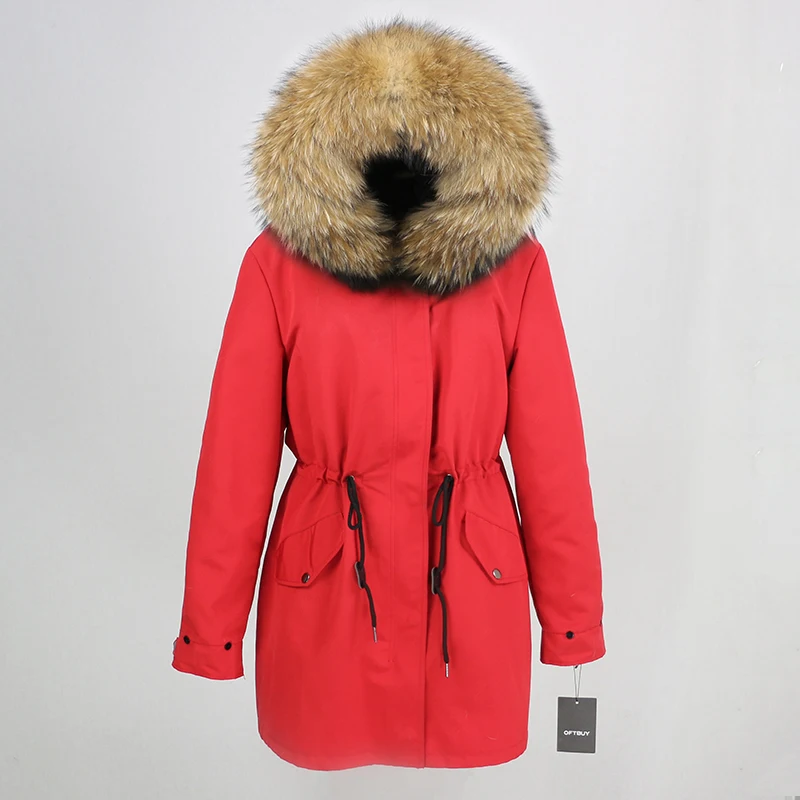 red natural OFTBUY пальто с натуральным мехом, зимняя куртка, Женская длинная парка, воротник из натурального меха, капюшон, Толстая теплая водонепроницаемая верхняя одежда, отстегивается, Новинка - Цвет: red natural