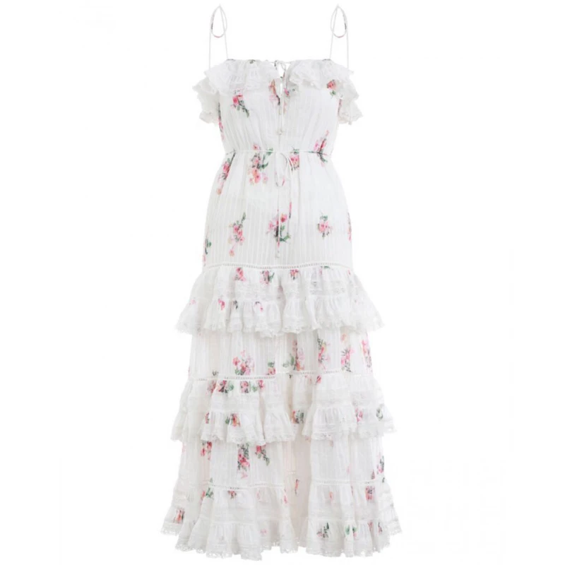 Летнее пляжное платье в стиле бохо, элегантное многослойное кружевное платье без бретелек с цветочным принтом, высокое качество, подиумное платье