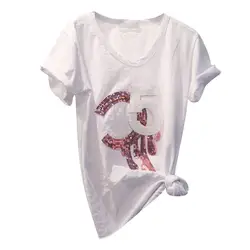 2019 для женщин Повседневное белая футболка короткий рукав Футболка с блестками письмо модный топ Femme леди одежда