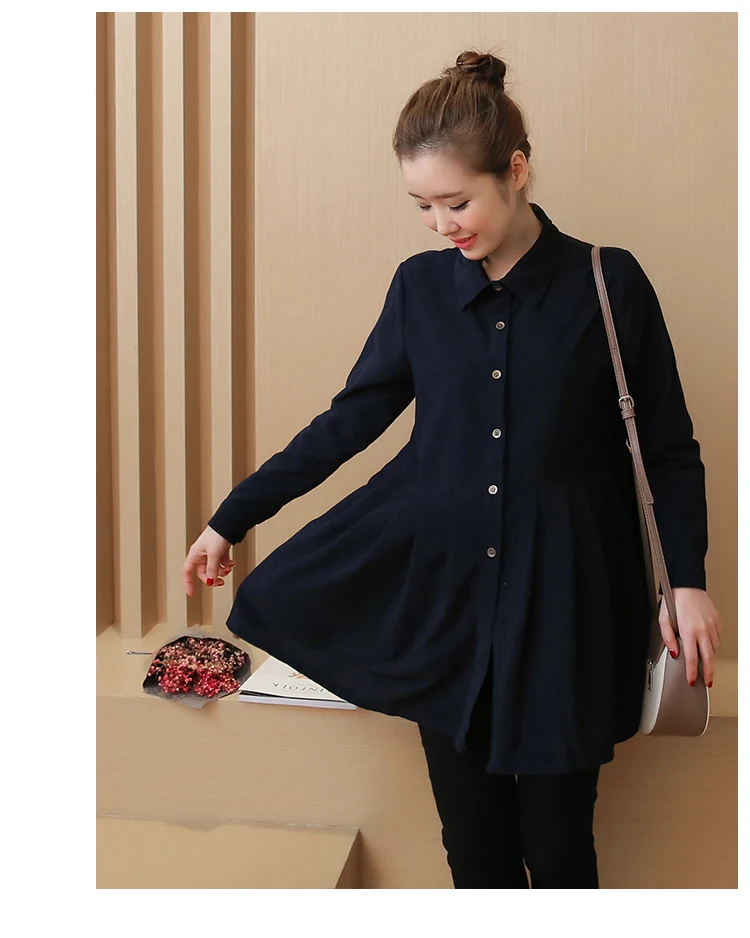 1076# плиссированные вельветовые Блузки для беременных с пуговицами на талии Весна Корейская мода туника для беременных топы Одежда для беременных женщин