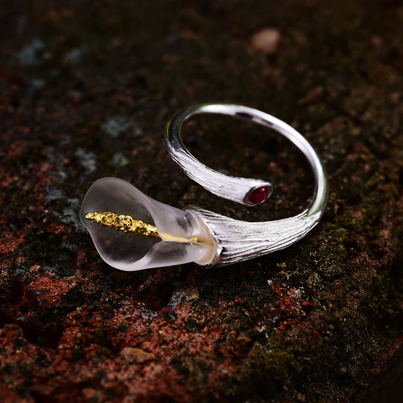 Lotus Fun Genuine 925 Sterling Silver Rings for Women Calla Lily Flower Red Zircon Finger Ring Resizable Silver 925 Jewelry