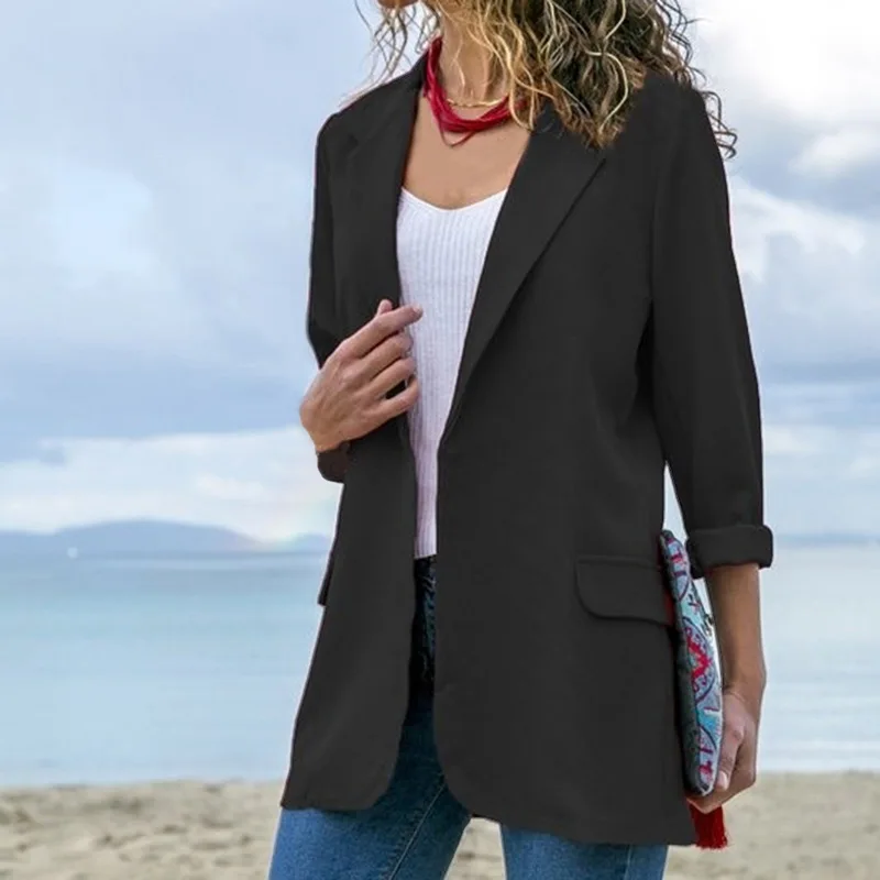 Fashion Women Long Sleeve Cardigan Blazers Sping Autumn Outwear 2019 New Ladies Solid Color Open Front Slim Fit Lapels Coats