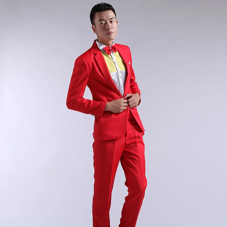 Suit Men New 2020 Long-Sleeved Men's Suits Dress Hosted Theatrical Tuxedos For Men Wedding Prom Red Yellow Blue And Green M L XL