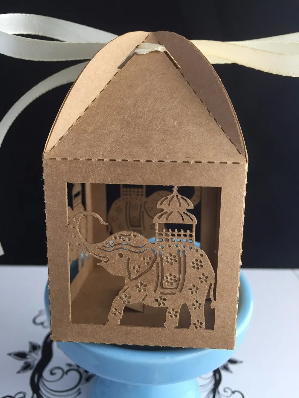 Buy 300pcs laser cut kraft paper brown baby shower favor boxes with ribbon