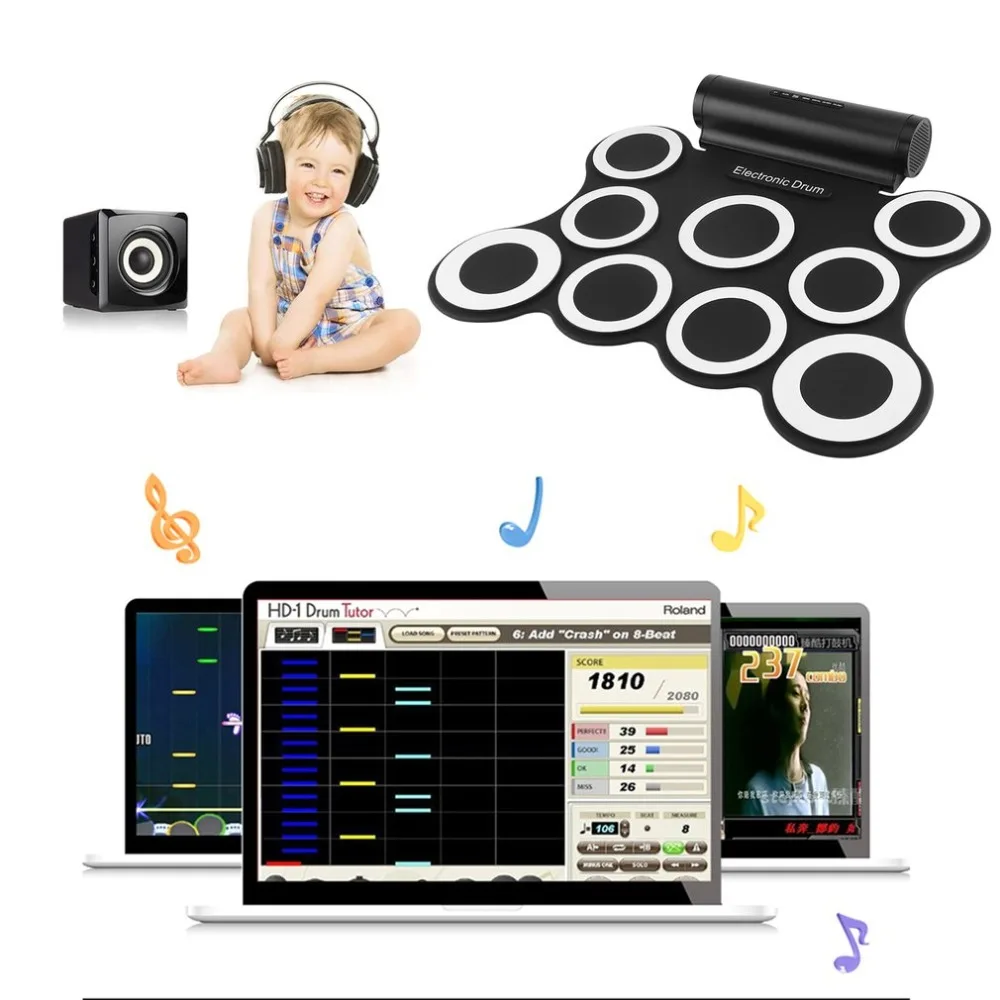 Портативный складной силиконовый электронный барабан Pad Kit цифровой USB рулон с барабанной палкой педаль цифровой барабан Pad аудио кабель