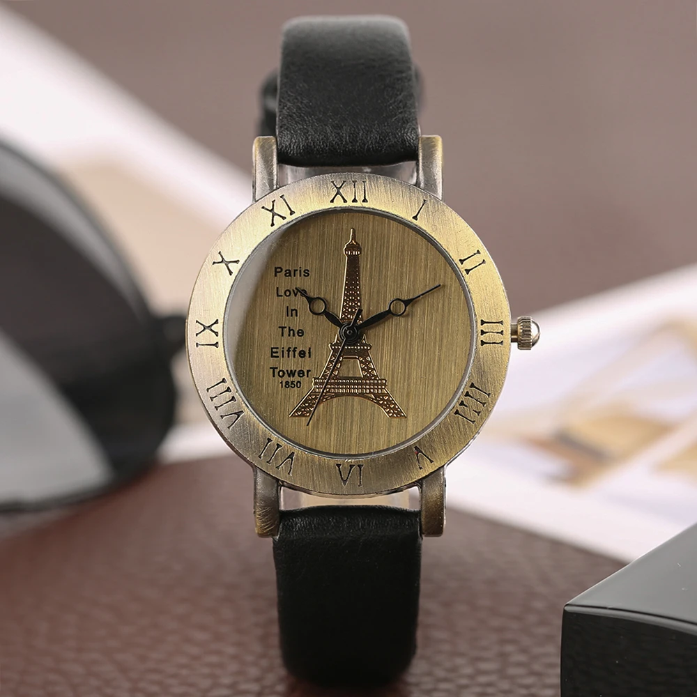 

Copper Eiffel Tower Wrist Watch Women Retro Casual INS Ladies Watches Leather Band Strap Quartz Bangle Clock Female Relogio