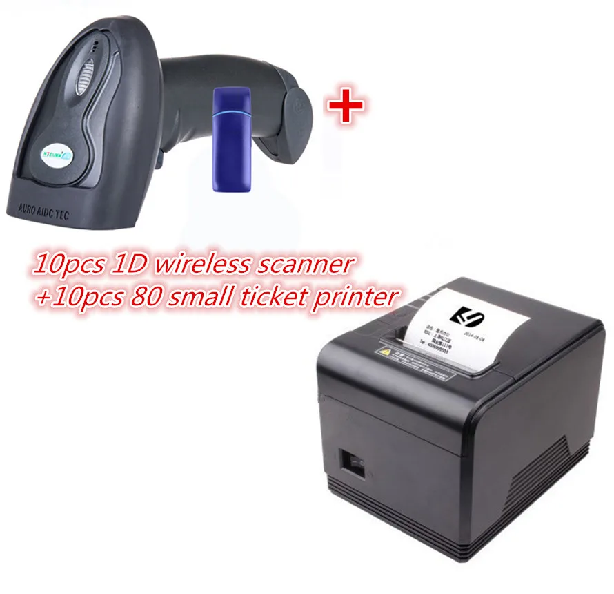 

10pcs1Dwireless scanner+ new High quality pos printer10pcs 80mm thermal receipt Small ticket barcode printer automatic cutter