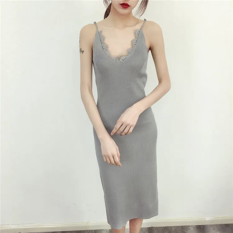 New Women Spaghetti Strap Dresses Split V-Neck Lace Patchwork Knitted Dress Ladies Sleeveless Bodycon Tank Dress Vestidos P022 vintage clothing stores