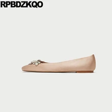 Шелк сверкающий вечеринка сатин розовый большой размер плоские жемчужный обнаженный кристалл женщин Свадебная балетная обувь платье горный хрусталь Размер 41 балерина европейская весенняя осень красивая Мода последние