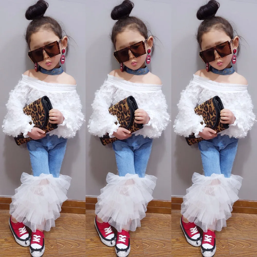 

Baby Jeans Pants Elastic Waist Girls Jeans Pants Children Clothing Fashion Broken Hole Kids Jeans For Girl White Gauze Patchwork