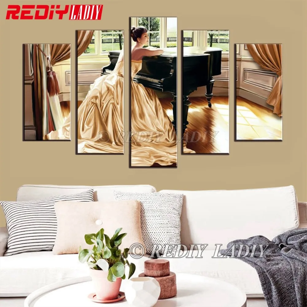 

REDIY LADIY 5D Diamond Embroidery Triptych Square Diamond Painting Cross Stitch Piano with Girl Crystal Mosaic Modular Picture