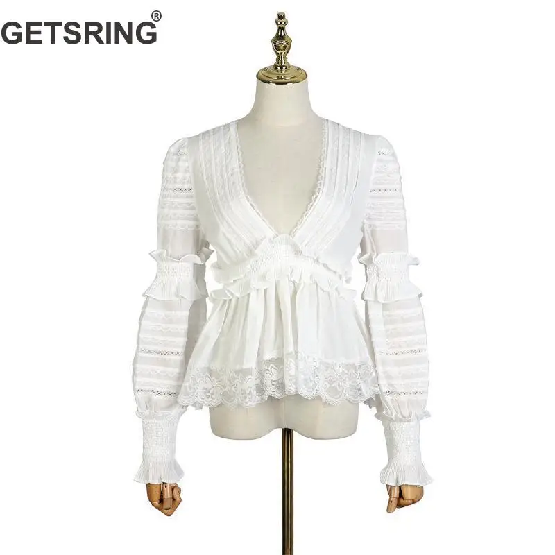

GETSRING Women Blouses Deep V Neck Long Sleeve White Lace Blouse Hollow Out Sext Women Shirts High Waist Lace Top All Match 2019
