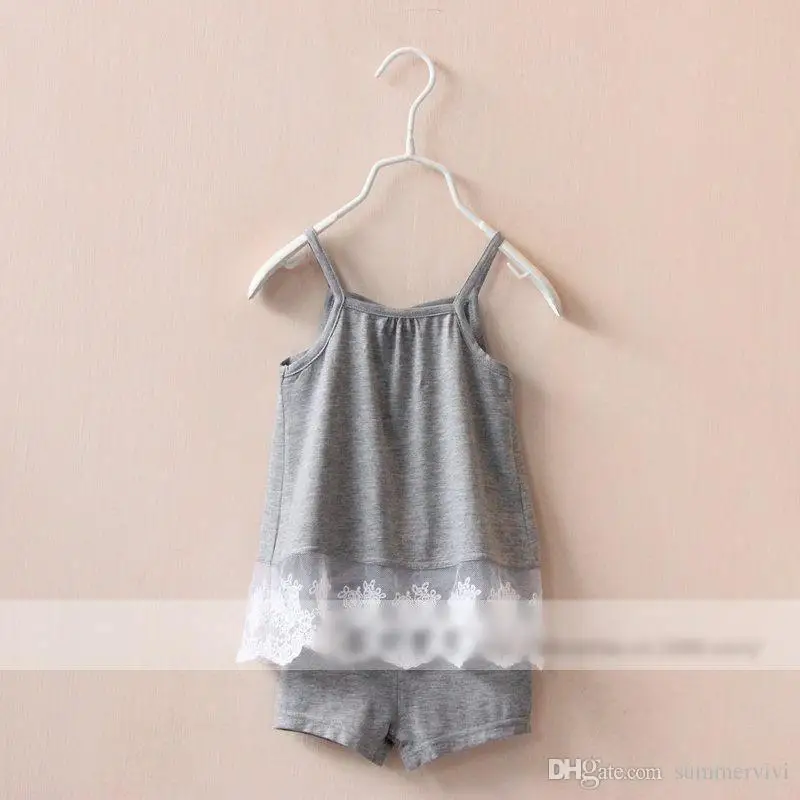  Fashion Europe and America style children outfits Suits grils sleeveless camisole lace tops Pure color shorts sets kids clothing ZAO481