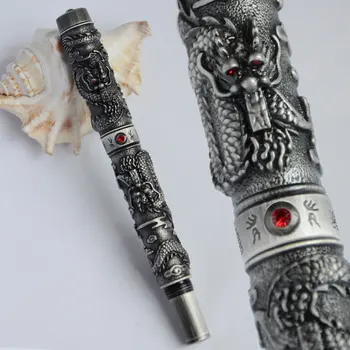 

NOBLE JINHAO ANTIQUE SILVER BRUSH FINISH 0.7mm BROAD NIB FOUNTAIN PEN TWO DRAGON PLAY THE PEARL RED EYE BUSINESS OFFICE GIFT