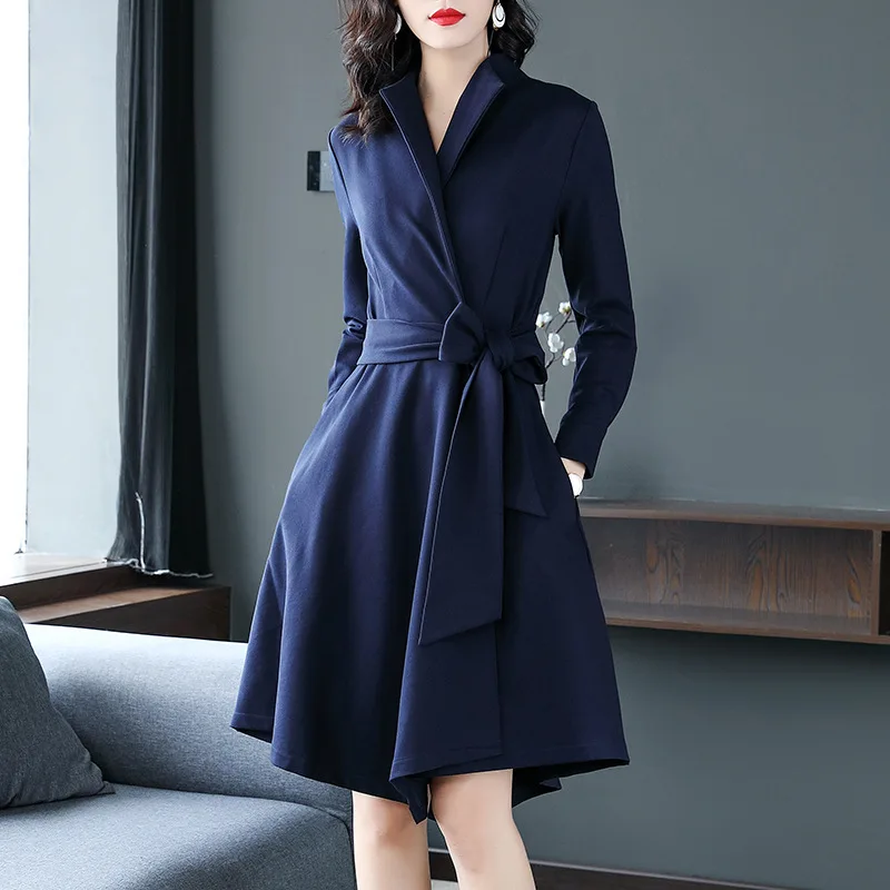 Solid full sleeve adjustable waist asymmetric long trench coats 2018