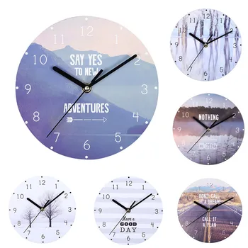 

Wooden Wall Clock Round Landscape Print Hanging Clock for Pub Home Decor 20cm HG99