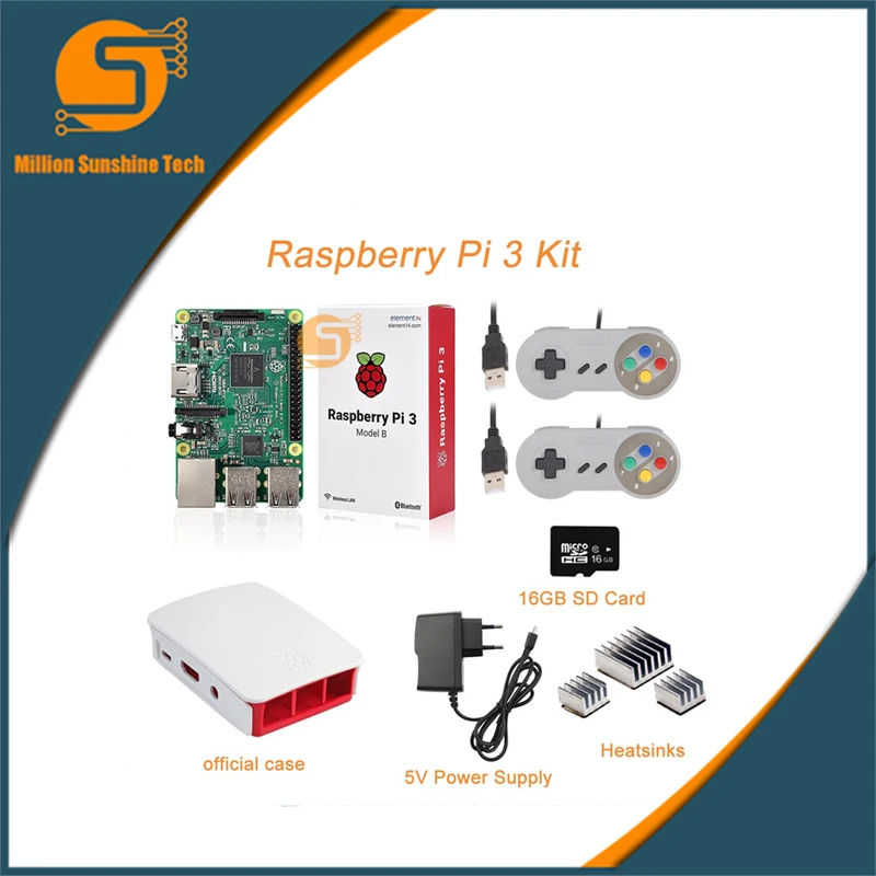 

Raspberry pi 3 + Heat sink+ABS Case Box+5V 2.5A power supply+Game handle+16G SD+Heat sink for Raspberry pi 3 B free shipping