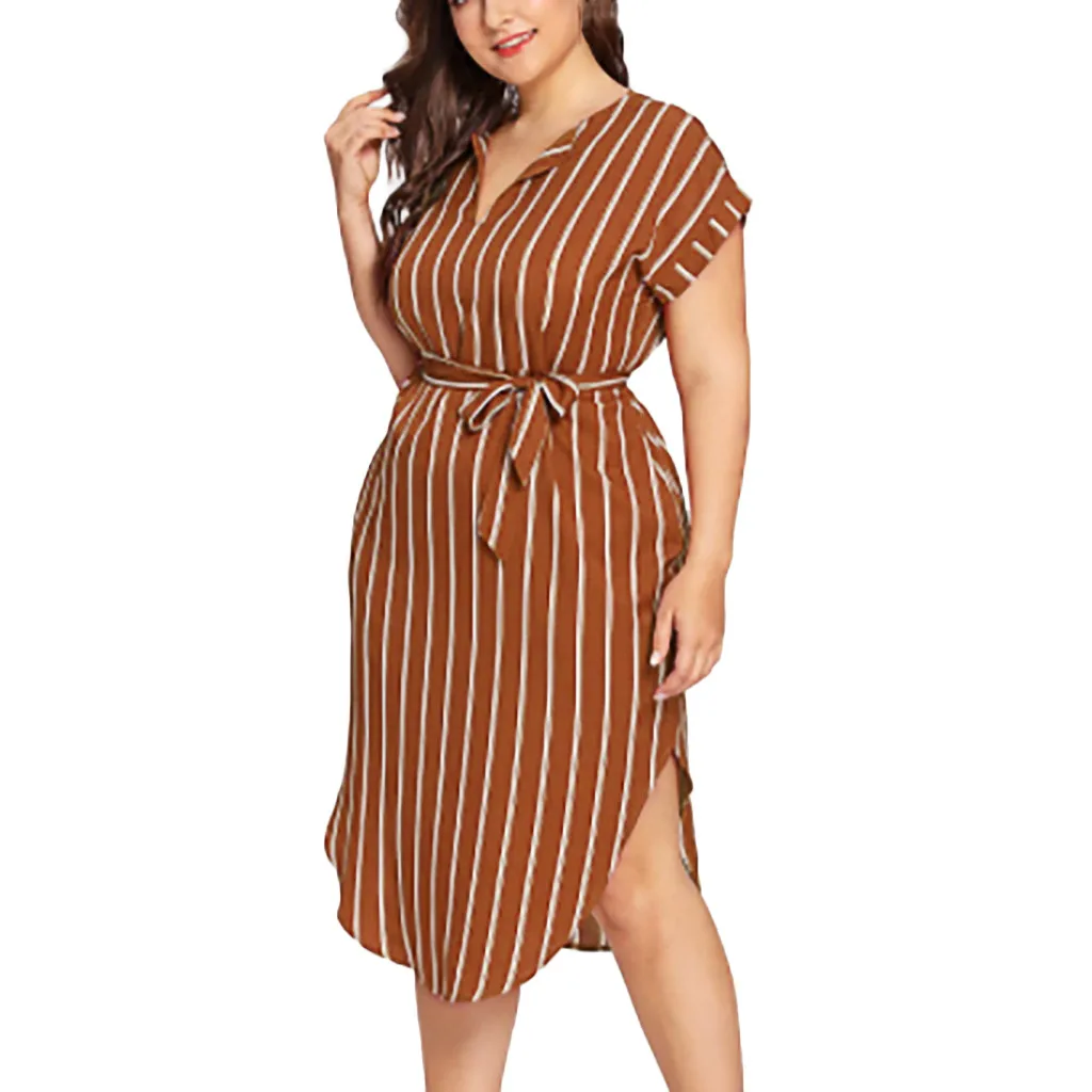 

SAGACE Fashion Women's Simple Color Stripe Print Bow Belt Dress Large Size Color Print Short Sleeve Irregular Dress 2019