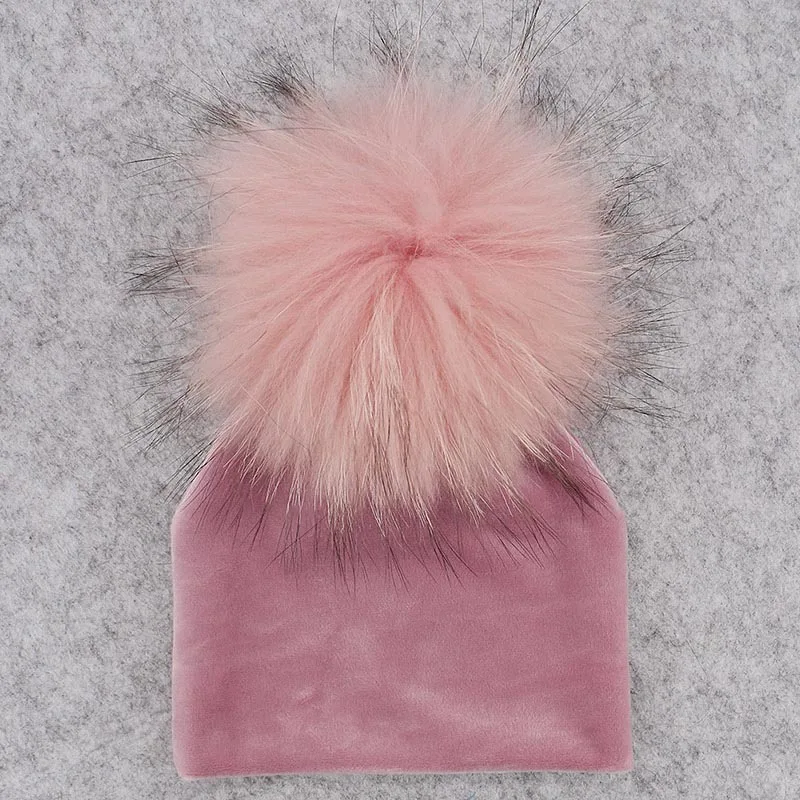 GZHILOVINGL Real Fur Pom Pom Baby Girls Boys Hat Warm Winter Knitted Velvet Hat Toddler Kids Soft Thick Flannel Beanies Pompoms - Цвет: pink No22