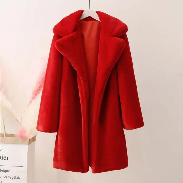 Уютные Шубы из искусственного кроличьего меха, шикарные женские зимние куртки, мягкие Меховые куртки из кроличьего меха, плотные теплые длинные пальто для женщин - Цвет: red faux fur coat