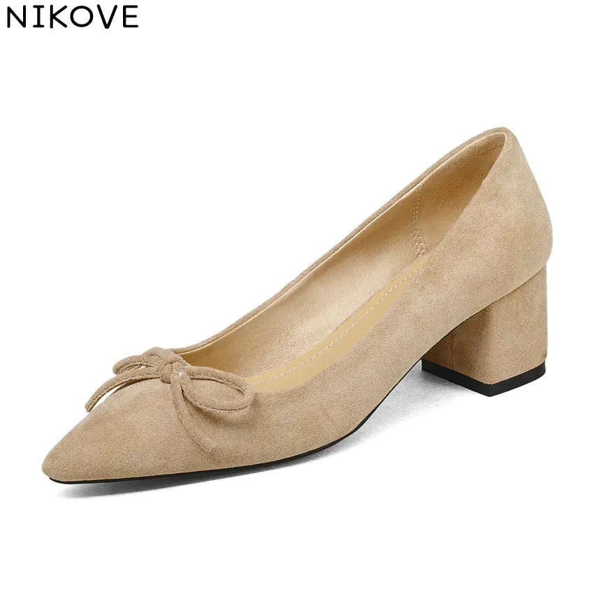 NIKOVE 2018 Women Pumps Shoes Simple and Sweet Style Square High Heels Pointed Toe Butterfly-knot Size 34-43 | Обувь