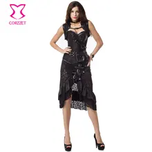 Black Brocade and Leather Overbust Steampunk Corset Jacket Skirt Burlesque Dress Vintage Corsets and Bustiers Gothic Clothing