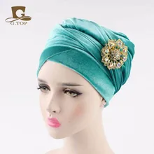 Nowa luksusowa aksamitna Turban hidżab chusta na głowę bardzo długi welurowa tuba indian Headwrap szalik krawat z broszka