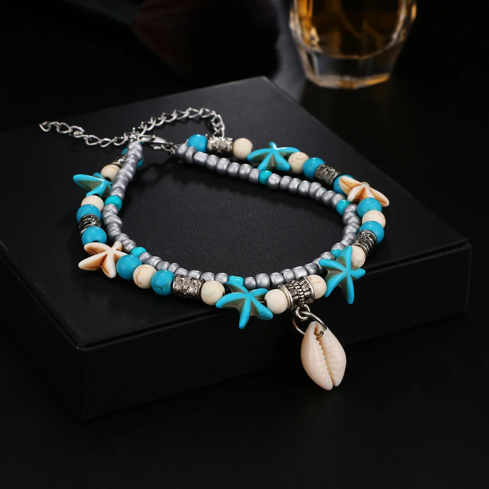 Bohemian Multiple Layers Starfish Shell Anklets For Women Vintage Boho Beads Chain Anklet Bracelet Beach Jewelry