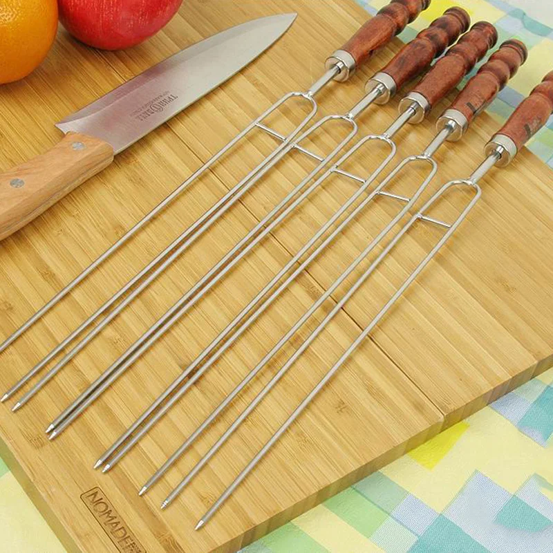 10pcs Row U BBQ roast barbecue High stainless steel needle and wooden handle Skewers for Camping