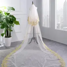 Фата до пола Свадебные вуали с золотыми аппликациями вуаль из тюля для невесты с гребнем HL2019